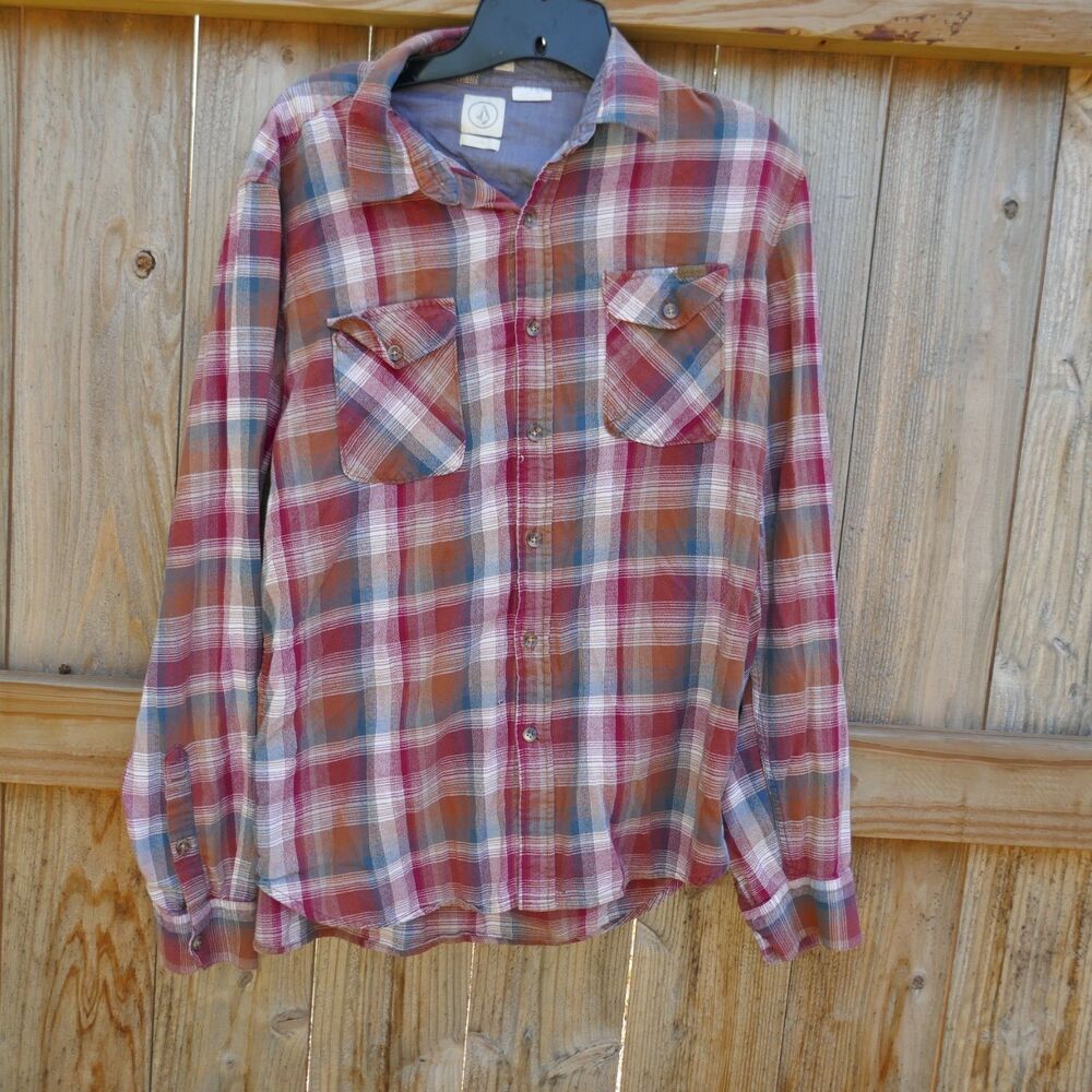 Volcom Plaid Cotton Shirt Mens Large  Classic Fit Long Sleeve Button Up FLAW